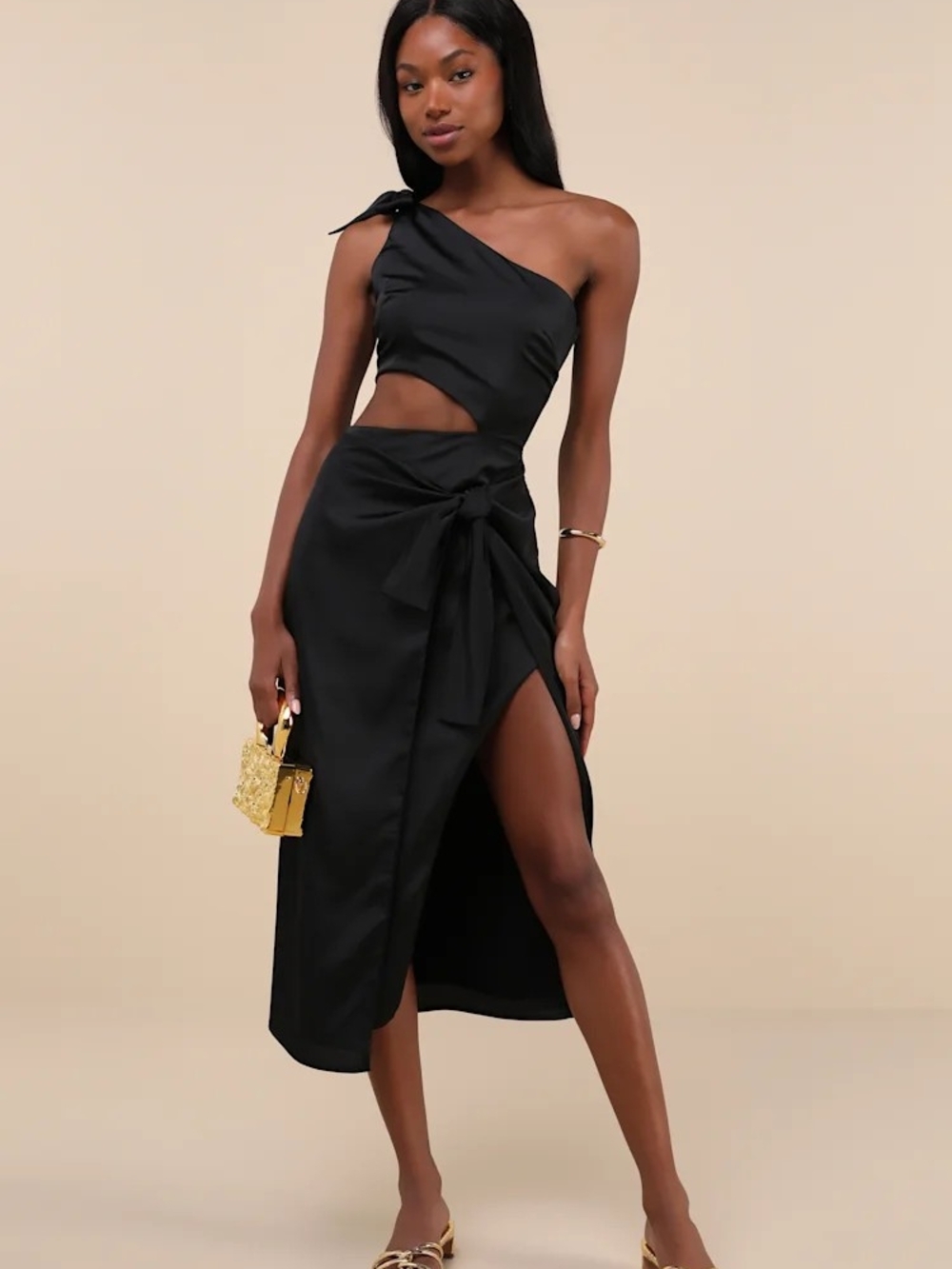 Lulu's One-Shoulder Black Cutout Wrap Midi Dress